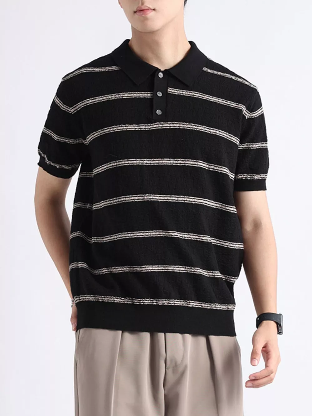 Men's Plus Size Striped Knit Button Detail Polo, image 2