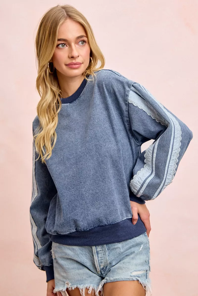 BiBi Washed Denim Lace Contrast Sided Sweatshirt, image 8