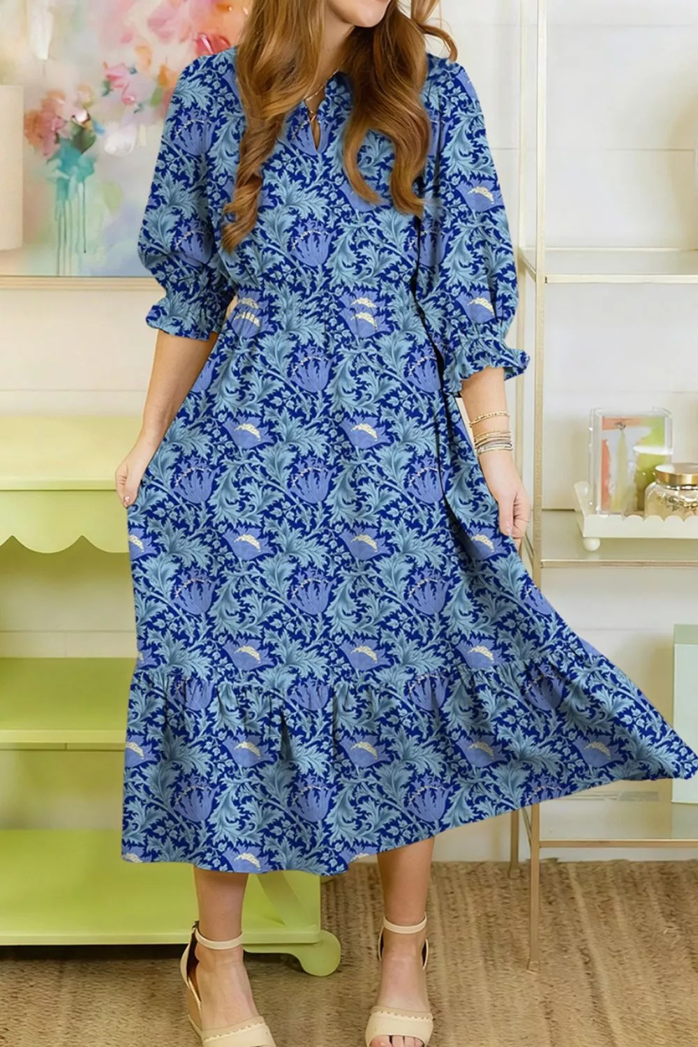 Floral Printed Frilled V Neck Bracelet Sleeve Long Dress, image 4