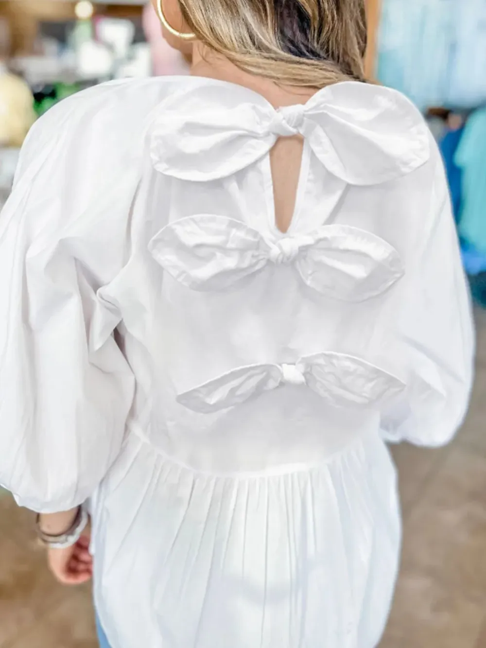 Bow Round Neck Three-Quarter Sleeve Blouse, image 5