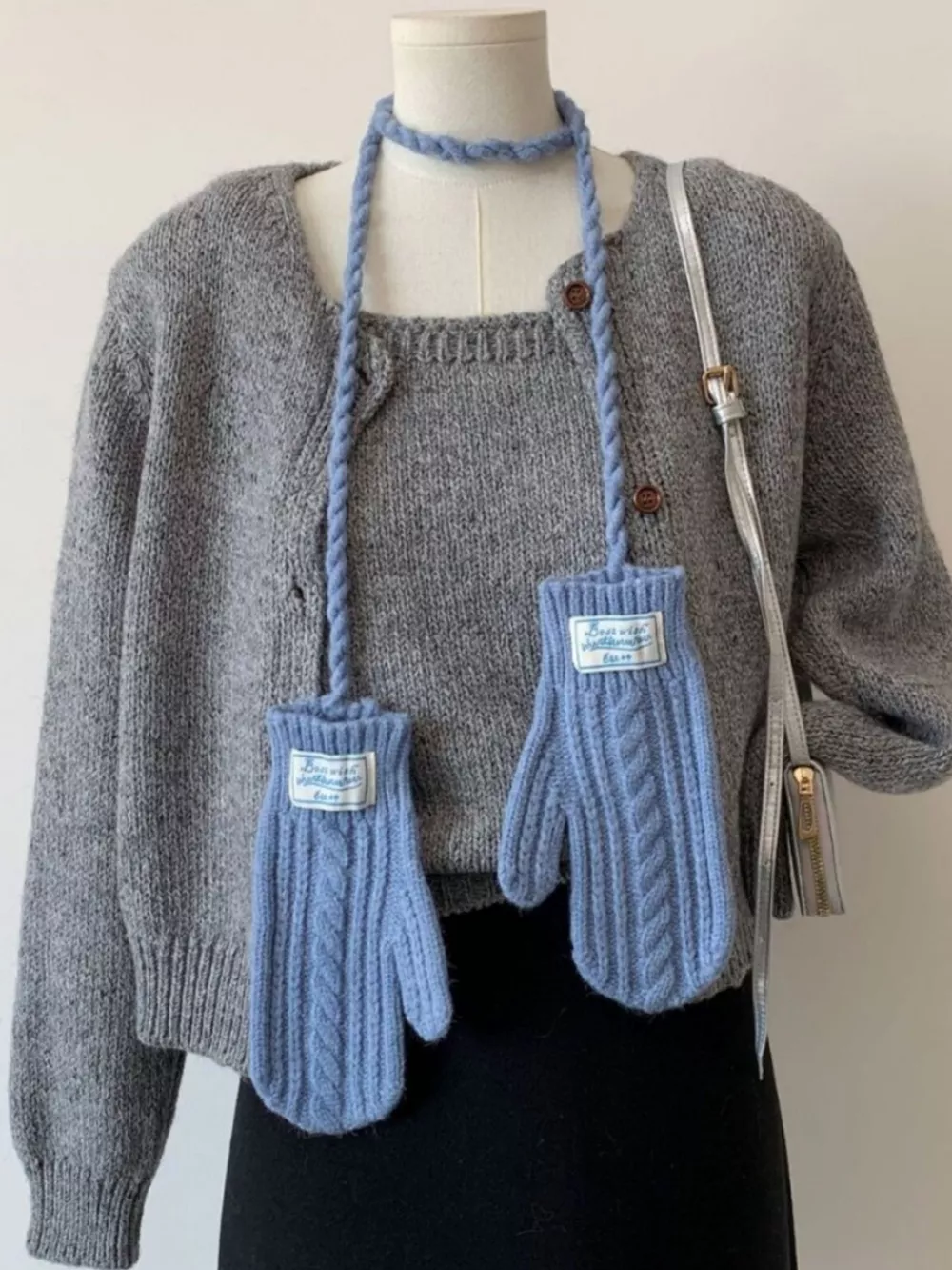 Cable Knitted Mittens with Neck Strap, image 3