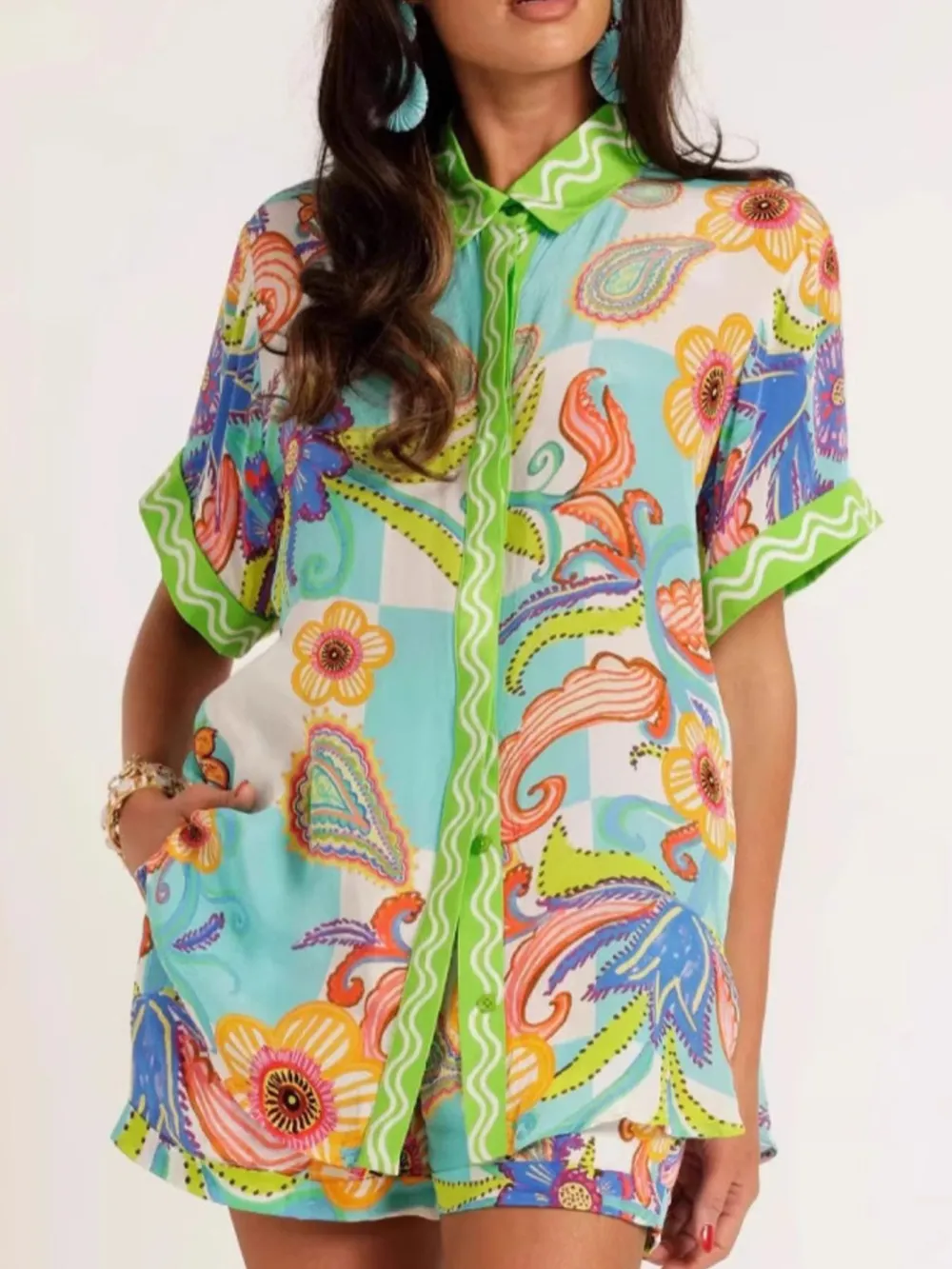 Printed Button Up Shirt and Shorts Set, image 9