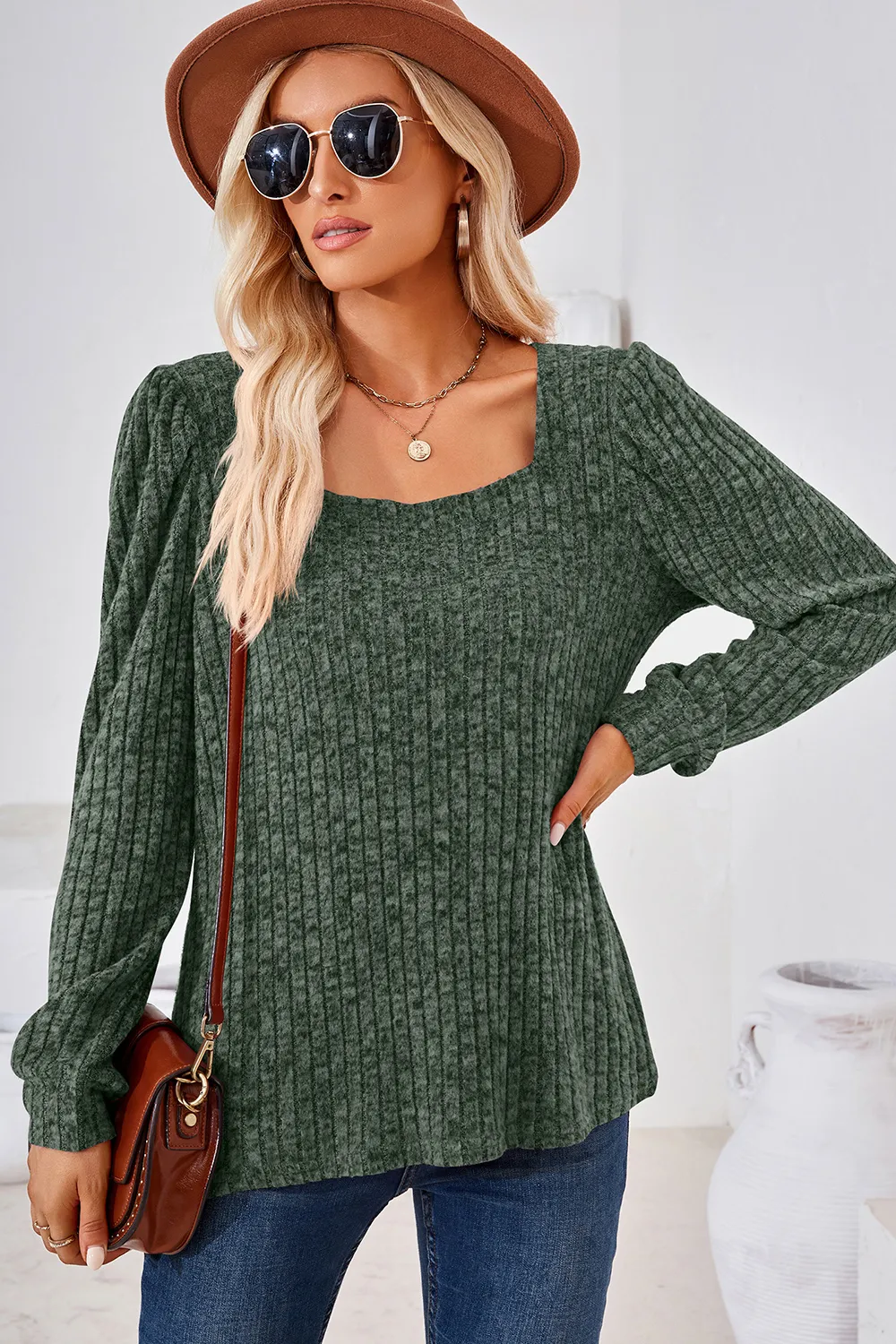 Ribbed Square Neck Long Sleeve T-Shirt, image 4
