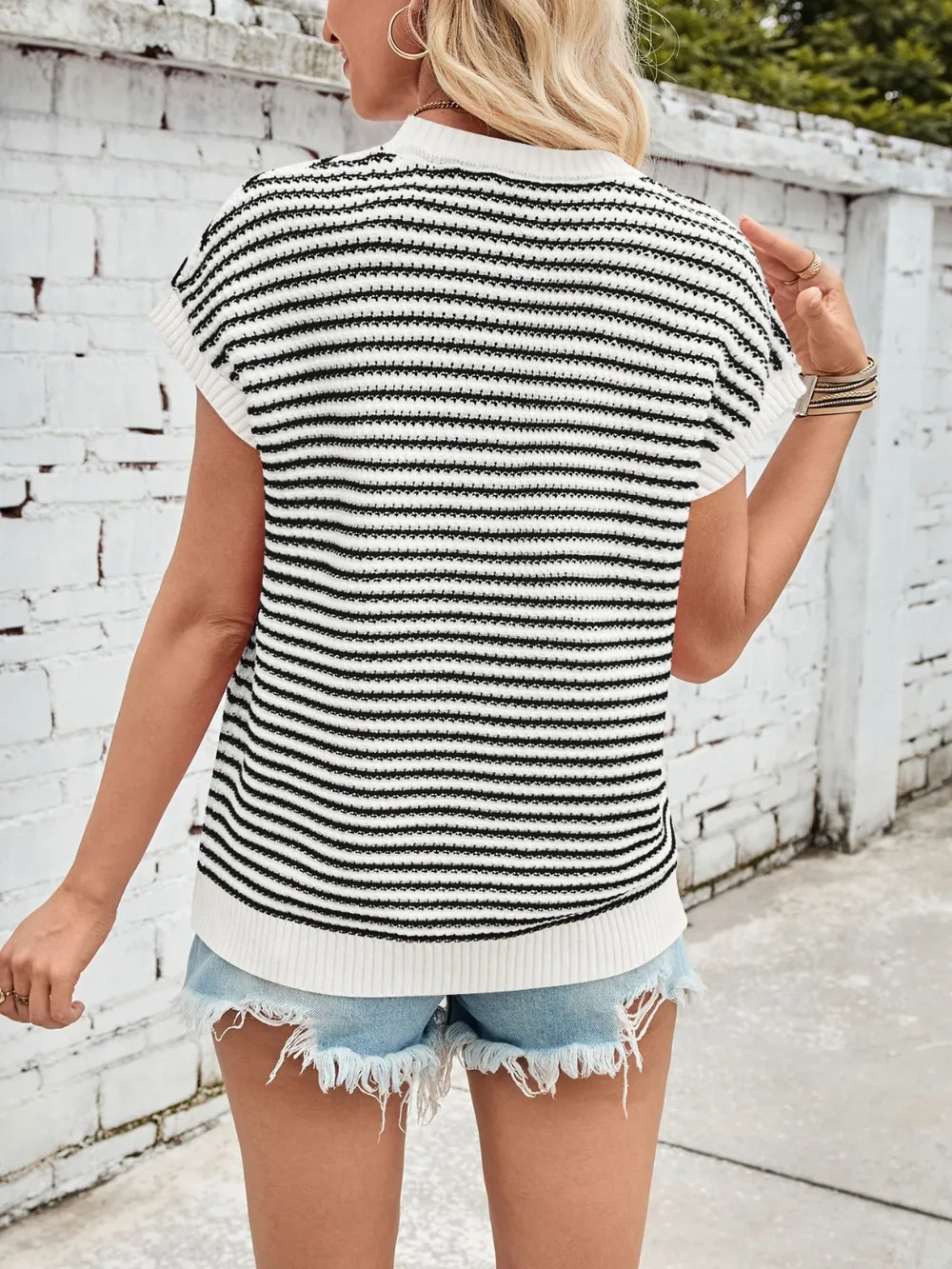 Striped Round Neck Cap Sleeve Sweater, image 7