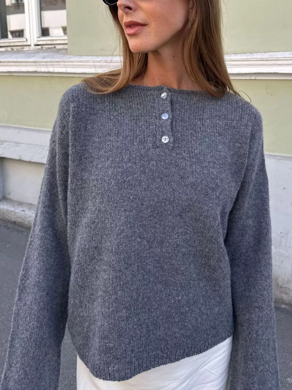 Button-Placket Round Neck Drop Shoulder Knit Top, image 5