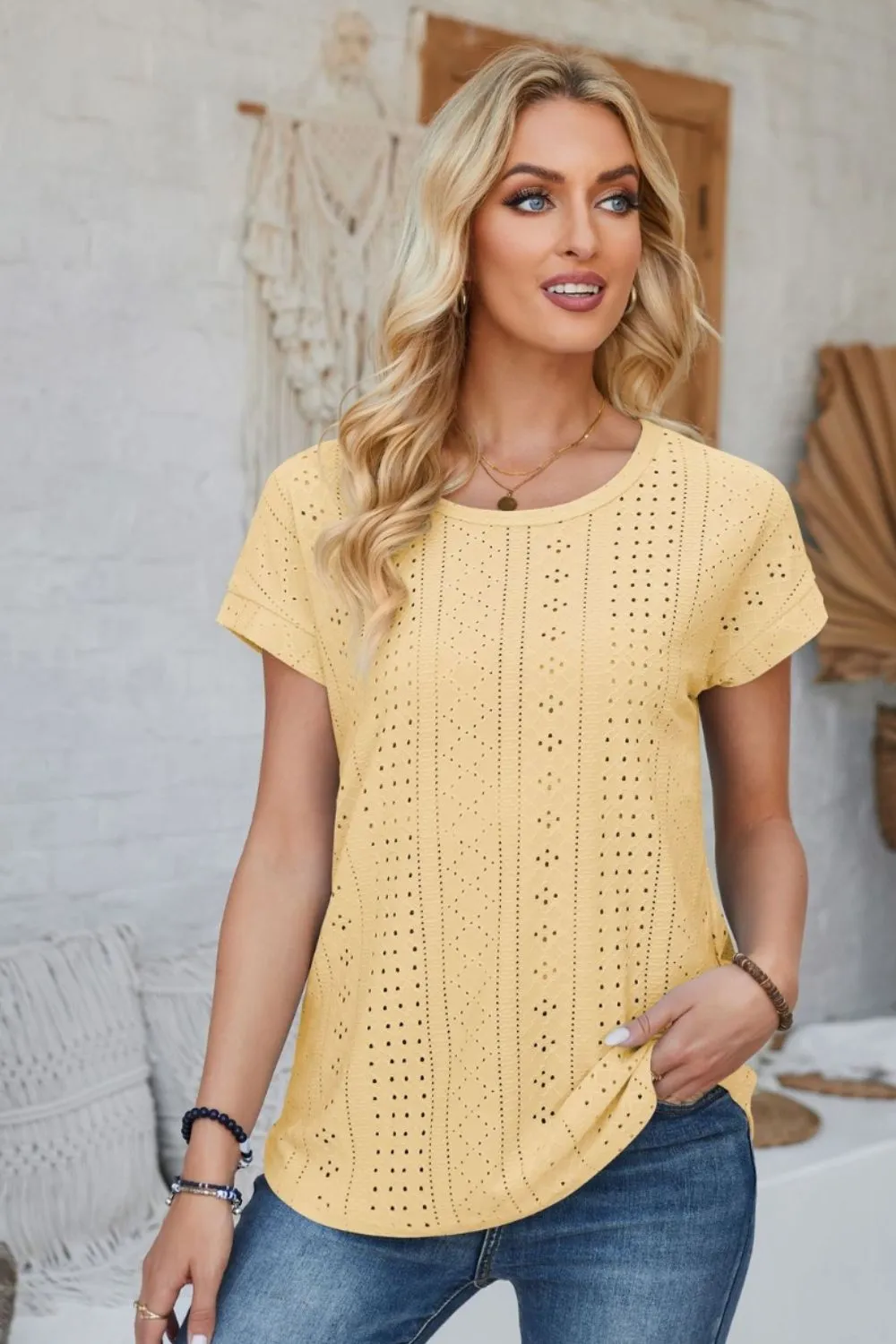 Eyelet Round Neck Rolled Short Sleeve T-Shirt, image 5