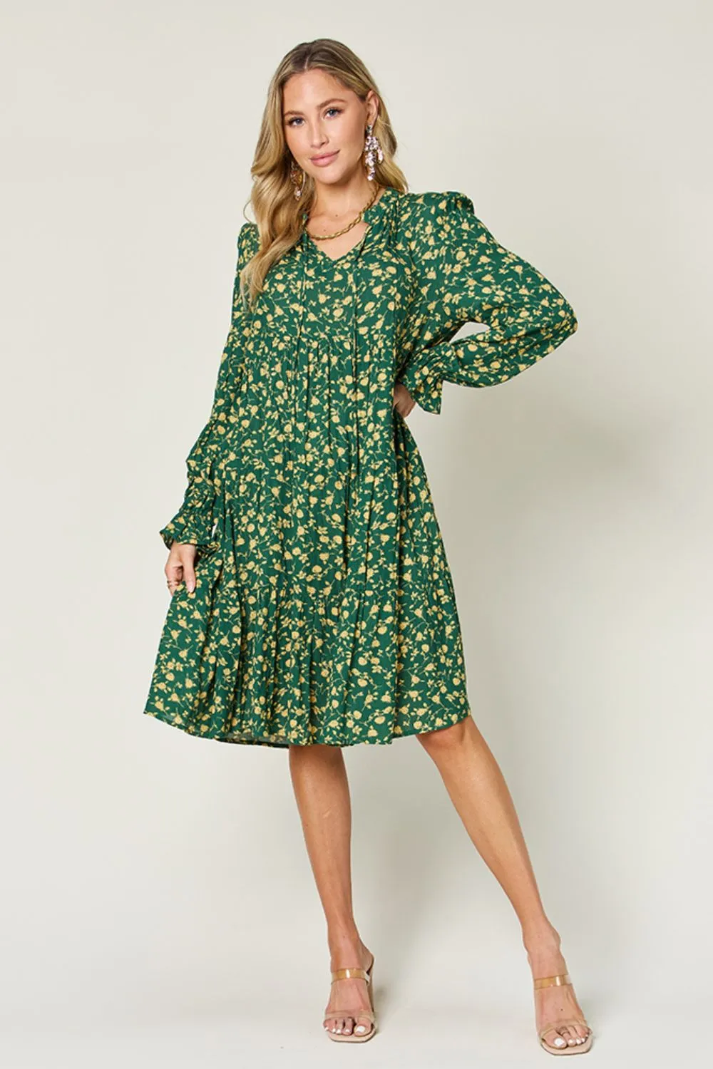 Full Size Printed Ruffle Hem Long Sleeve Tiered Dress, image 10
