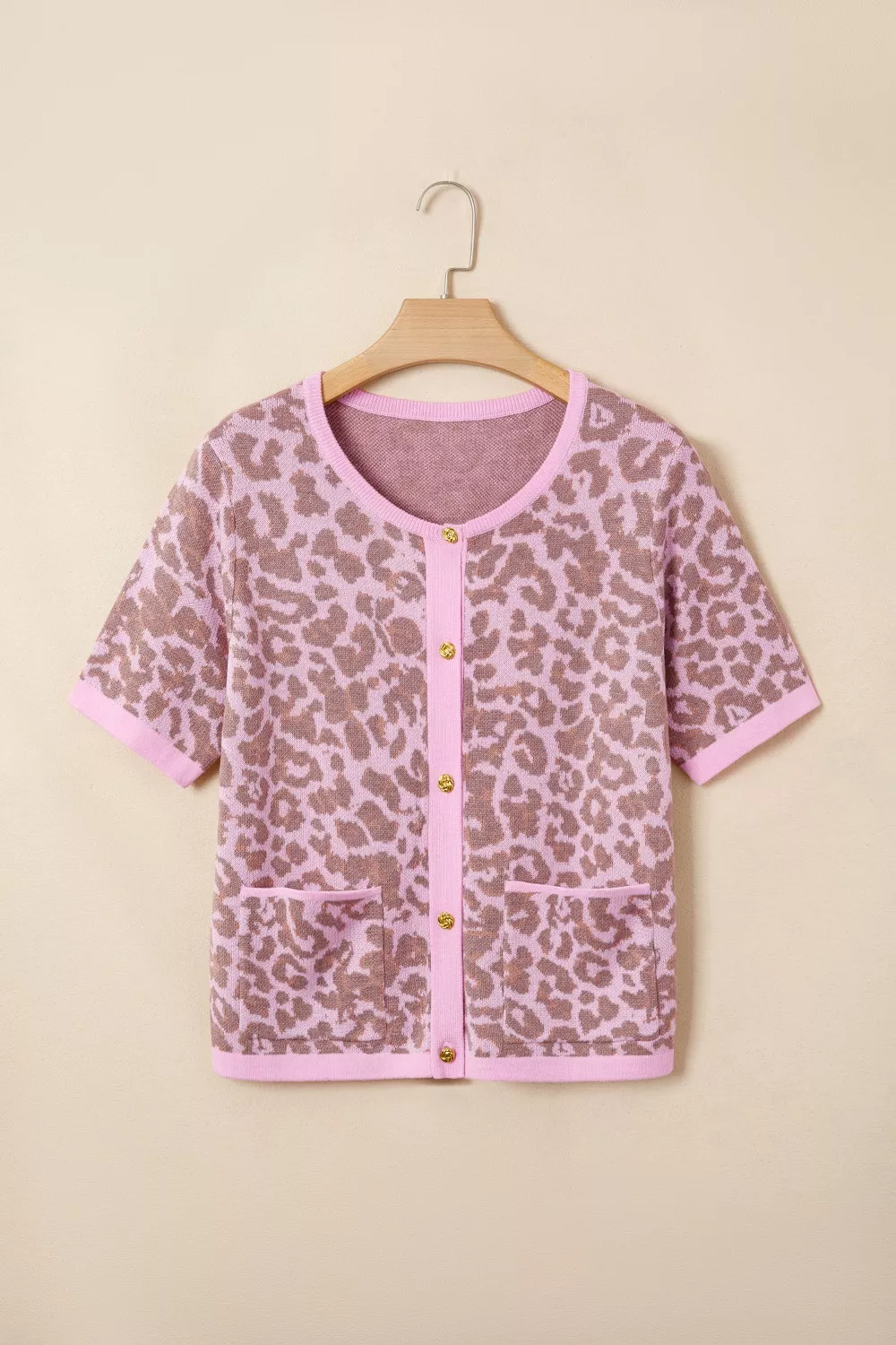 Leopard Button Down Short Sleeve Sweater Cardigan, image 3