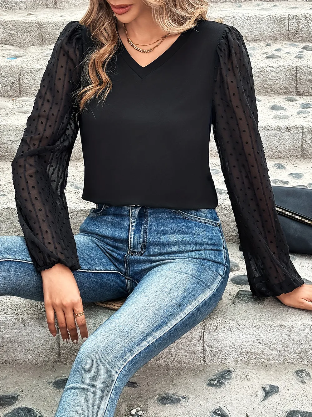 Full Size V-Neck Swiss Dot Long Sleeve Blouse, image 5