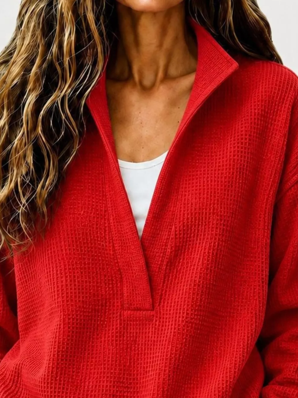Full Size Waffle Knit Dropped Shoulder Sweatshirt Plus Size, image 3