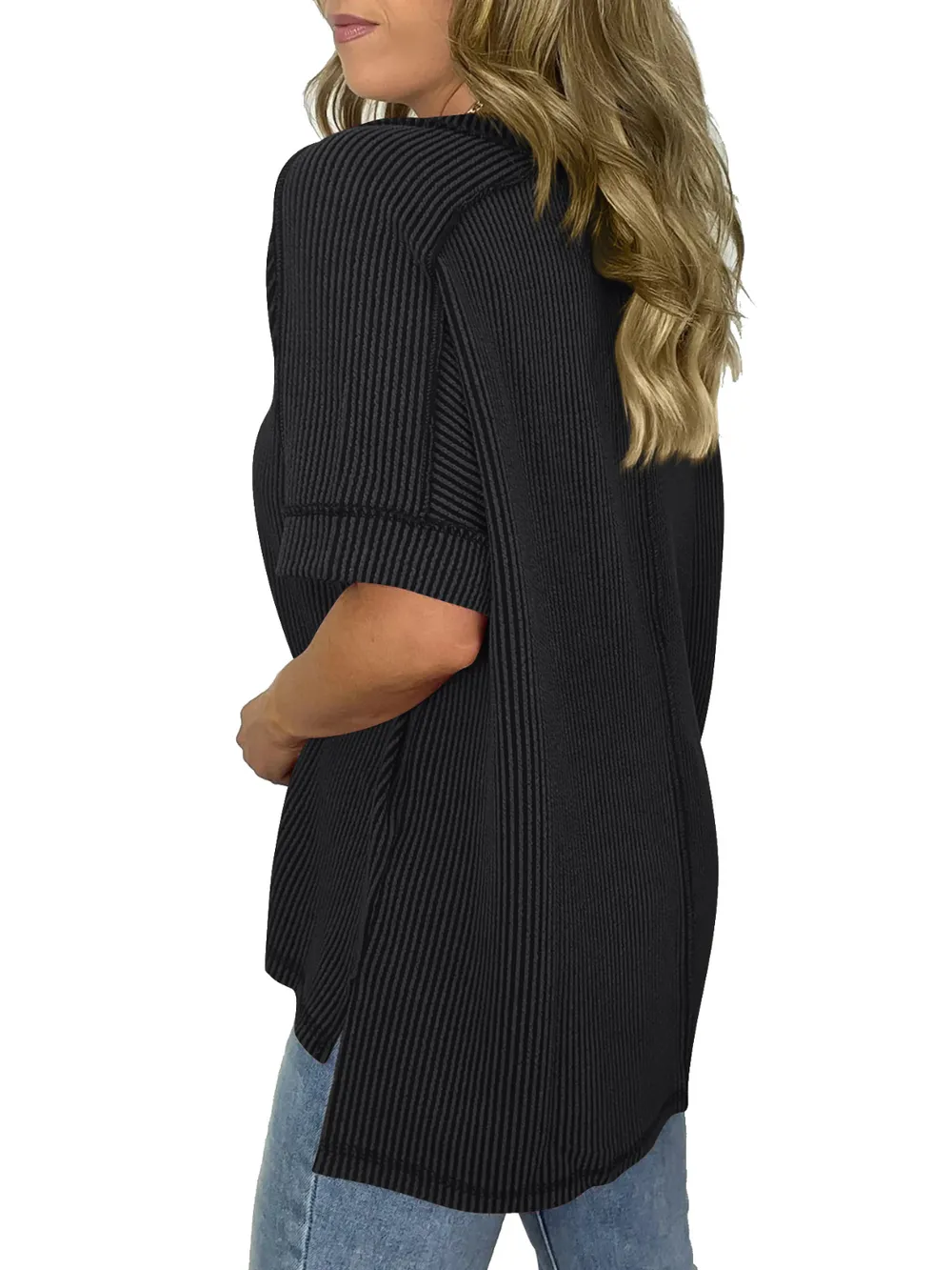 Cord Ribbed V-Neck Short Sleeve T-Shirt, image 9