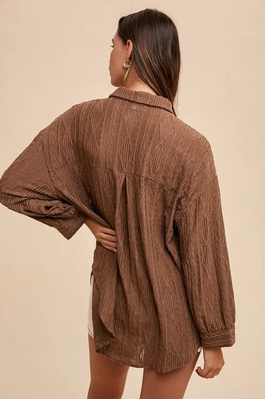 Openwork Button Down Drop Shoulder Shirt, image 4