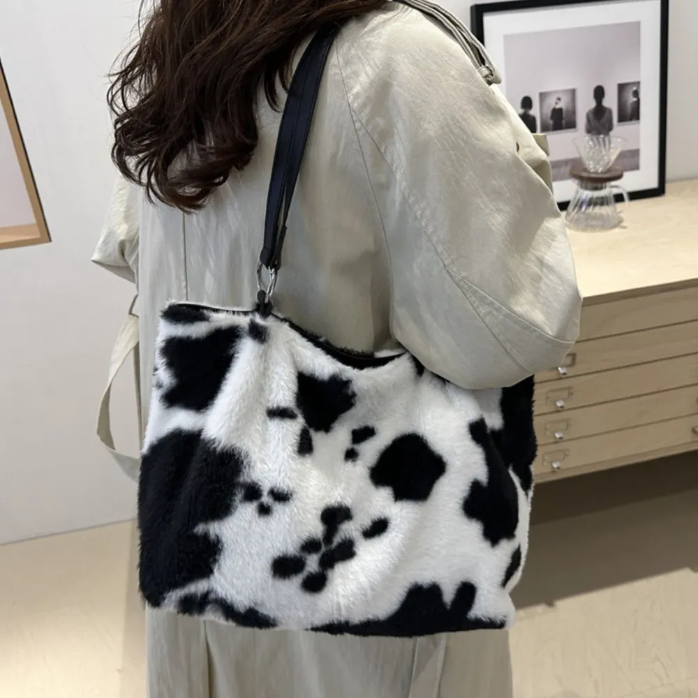 Cow Print Furry Tote Bag, image 9