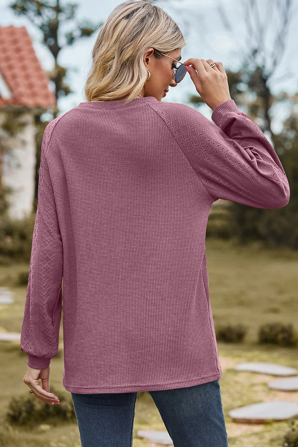 Eyelet Round Neck Long Sleeve T-Shirt, image 18