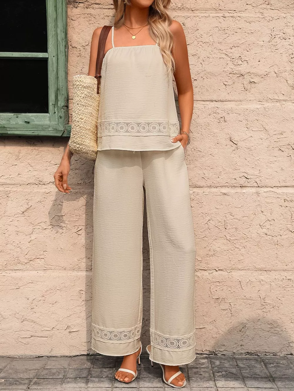 Lace Trim Cami and Wide Leg Pants Set, image 7