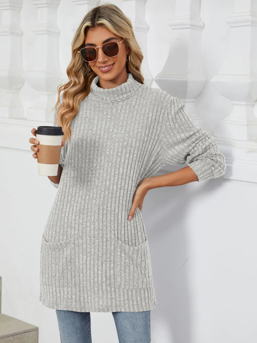 Ribbed Mock Neck Long Sleeve T-Shirt, image 10