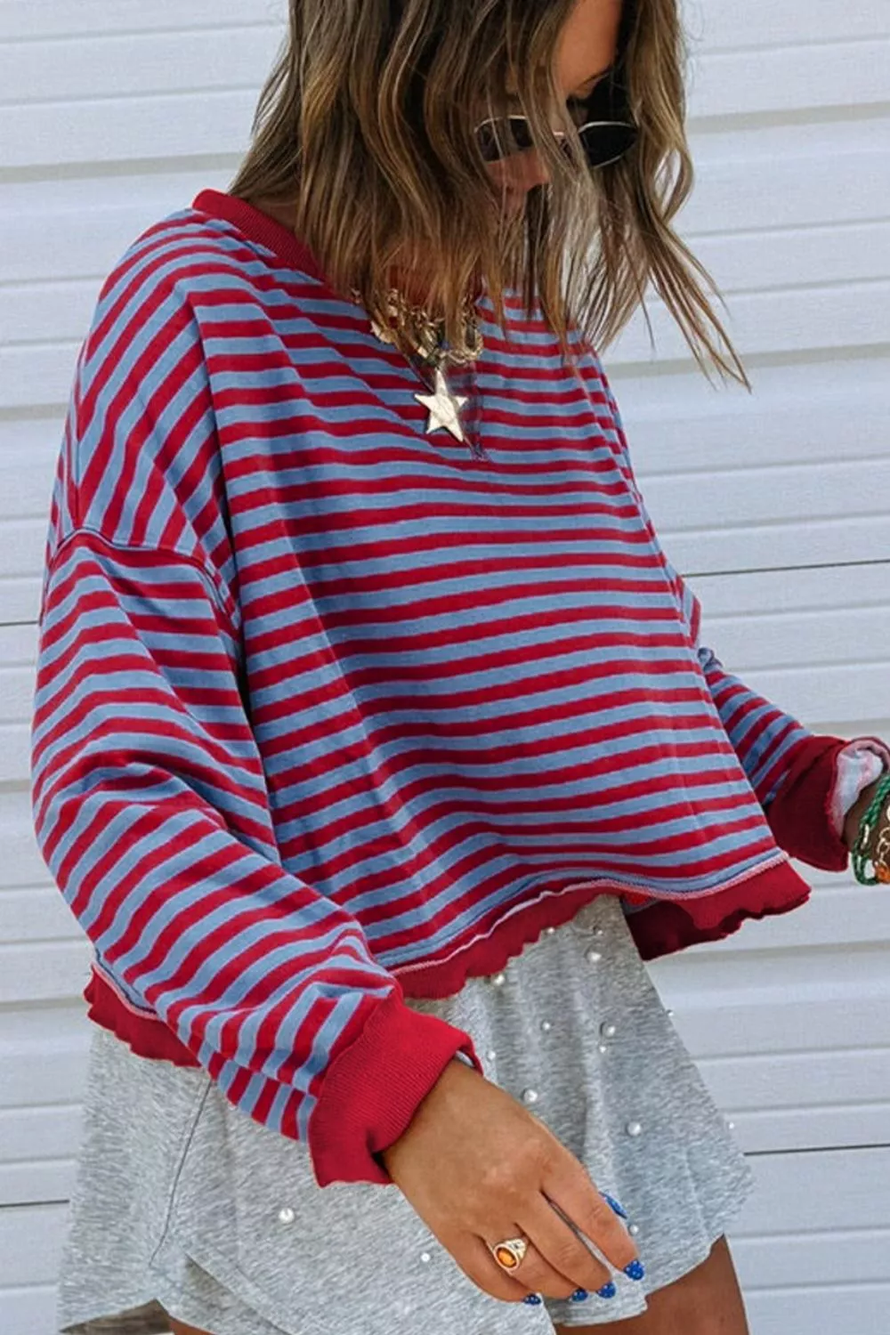 Stripe Exposed Seam Contrast Ribbed Trim Oversize Sweatshirt, image 3