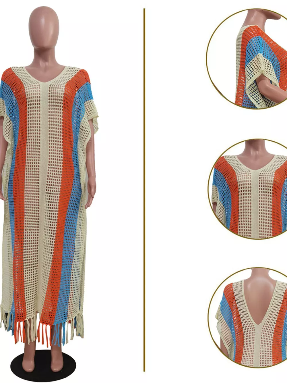 Striped Crochet Cover-Up Dress with Fringe, image 4