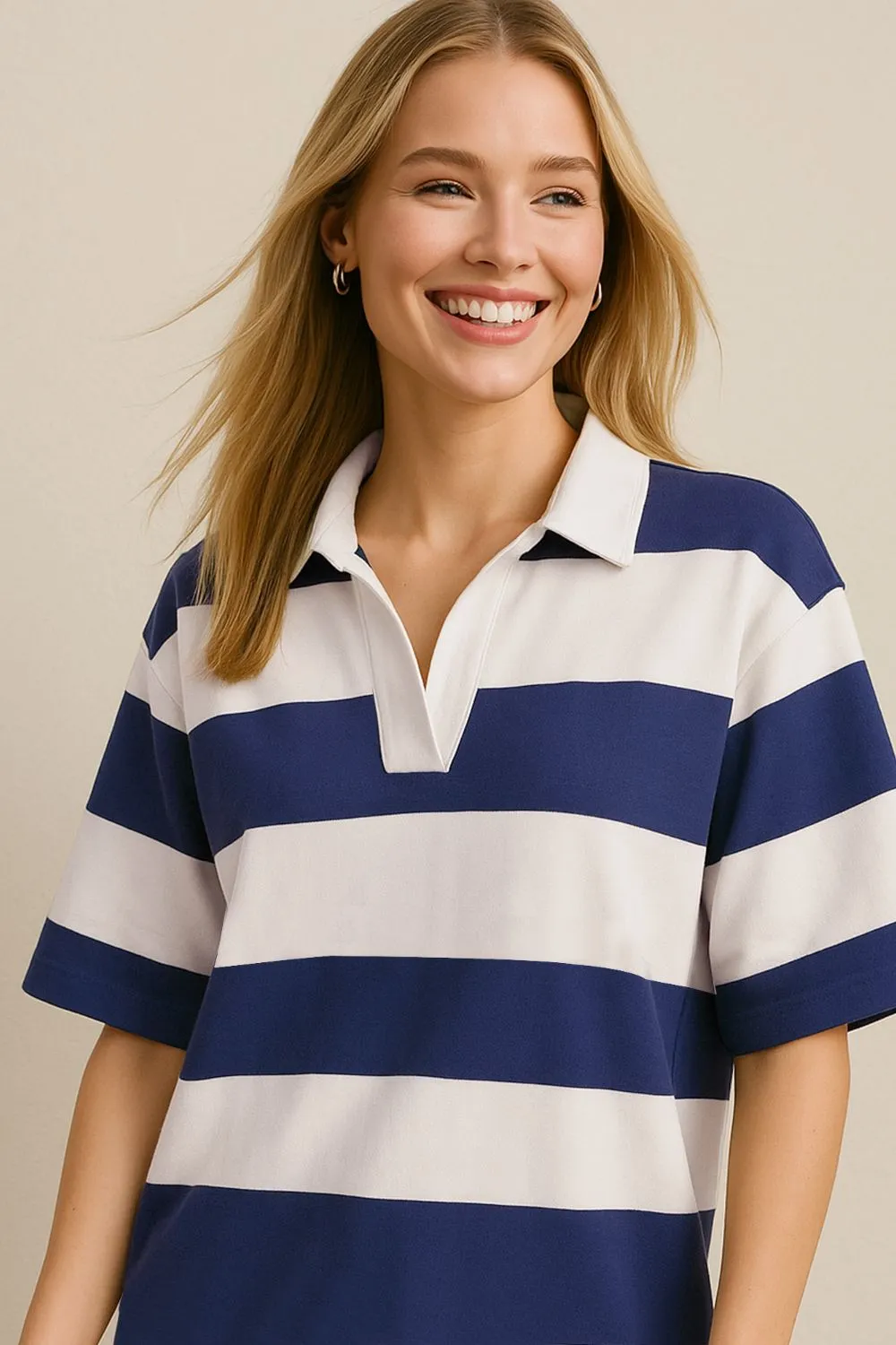 Pima Cotton Wash Color Block Jnny Collar Half Sleeve Top, image 2