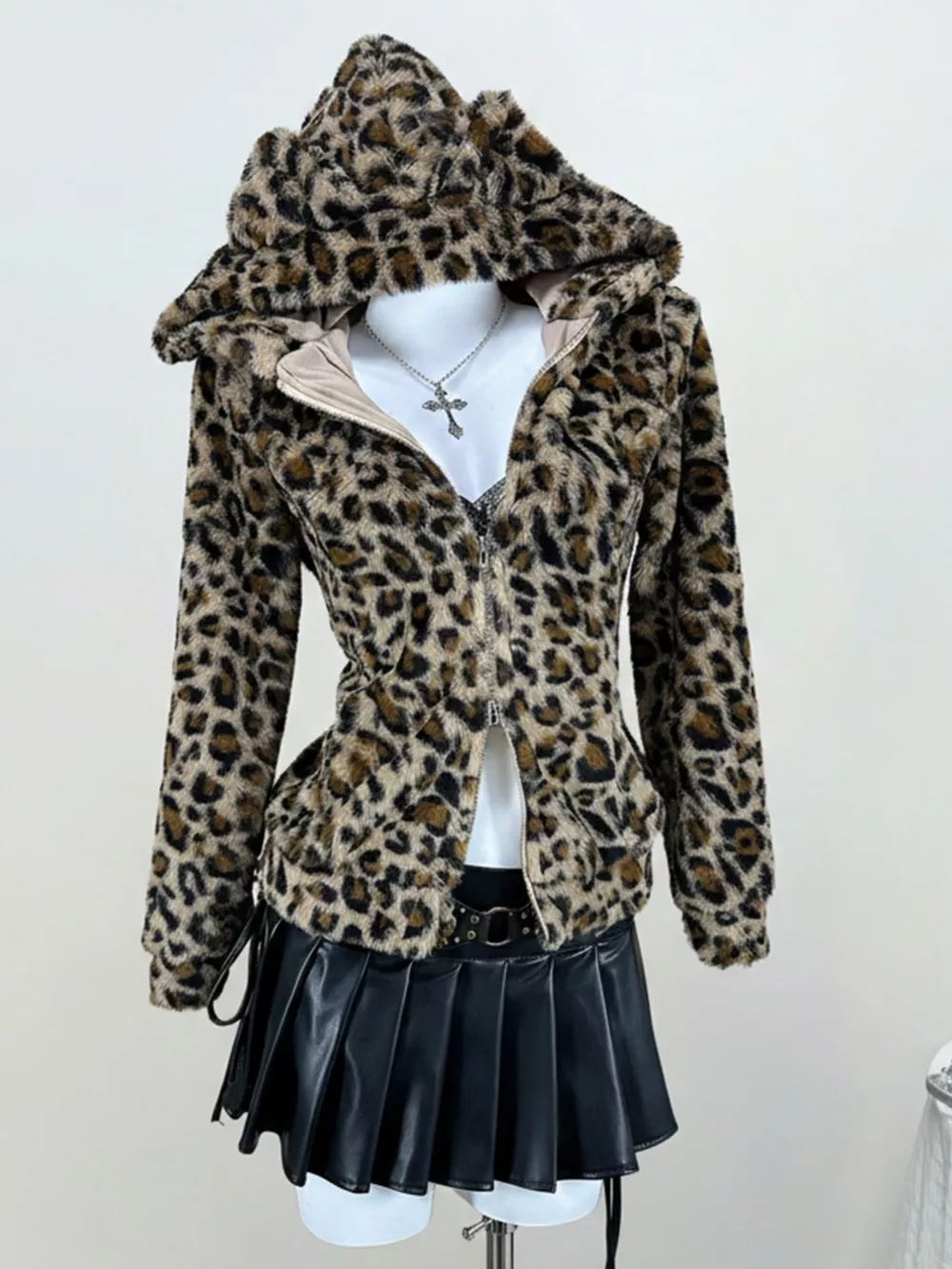 Leopard Plush Zip-Up Hooded Outerwear, image 3