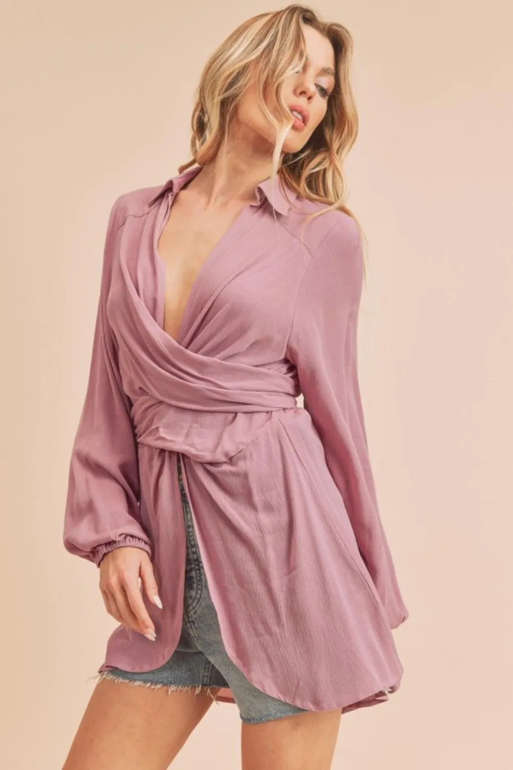 Tied Collared Neck Long Sleeve Top, image 2