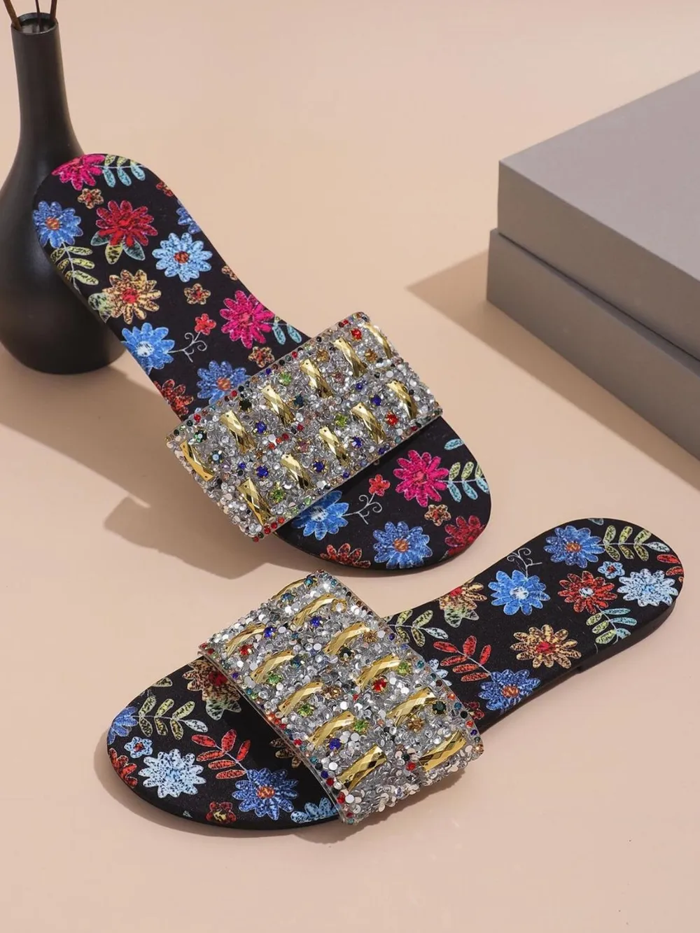 Floral Print Rhinestone Decorated Sandals, image 2