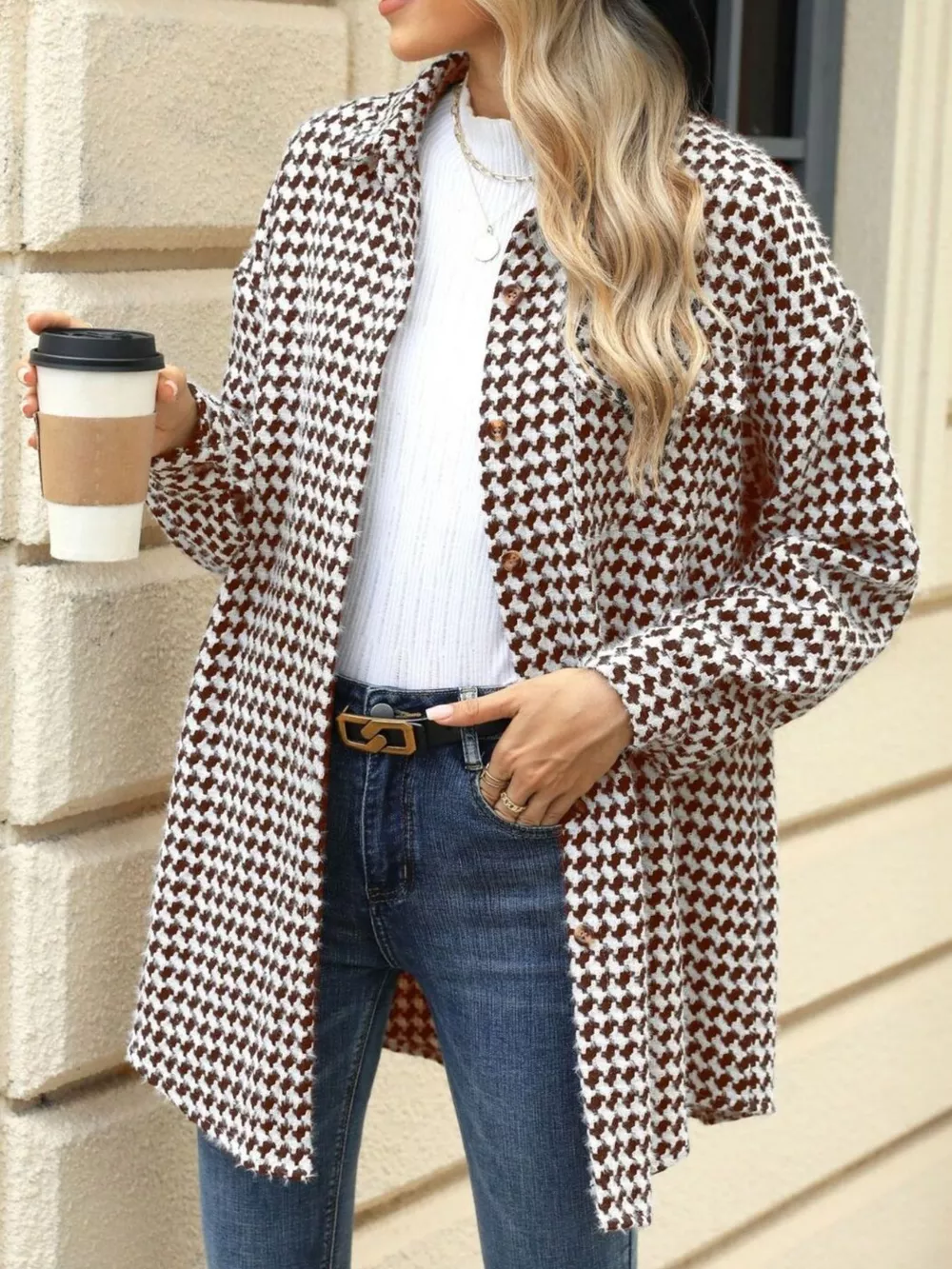 Houndstooth Button Up Long Sleeve Coat, image 14