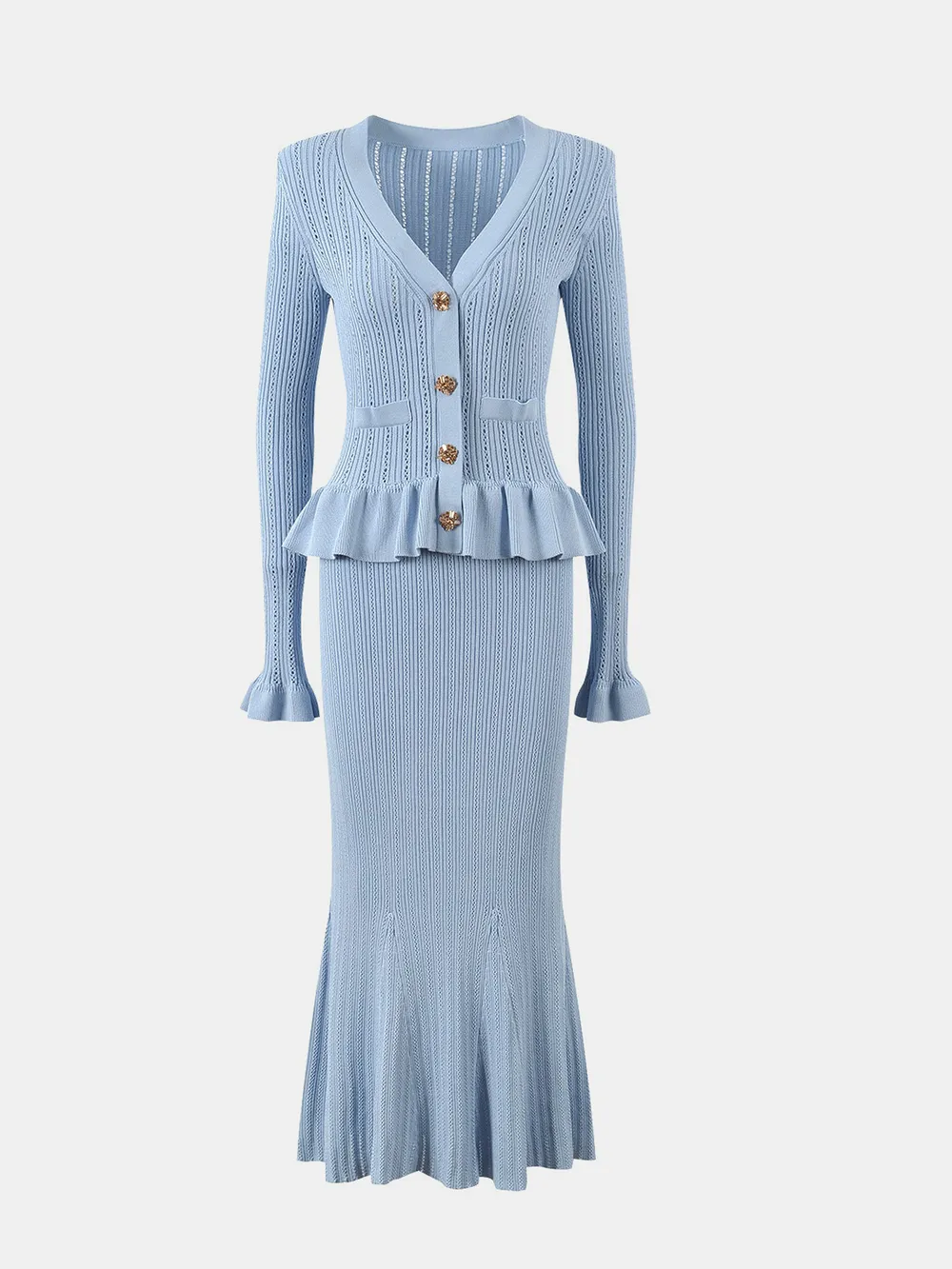 Ruffled V-Neck Top and Midi Skirt Sweater Set, image 14