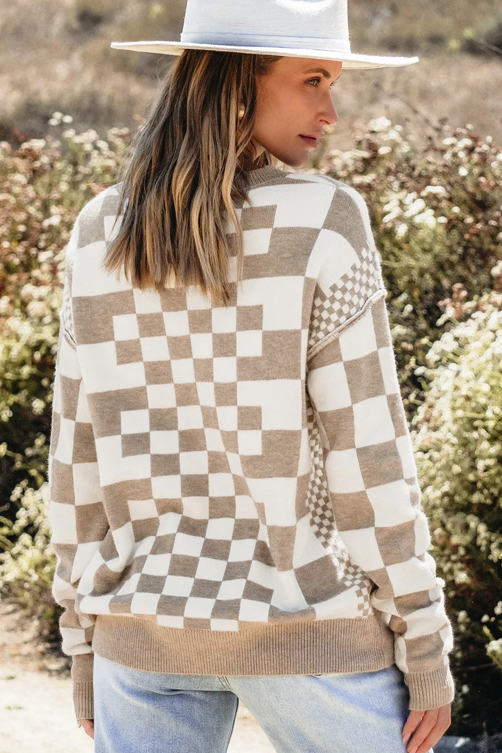 Checkered Round Neck Long Sleeve Sweater, image 10