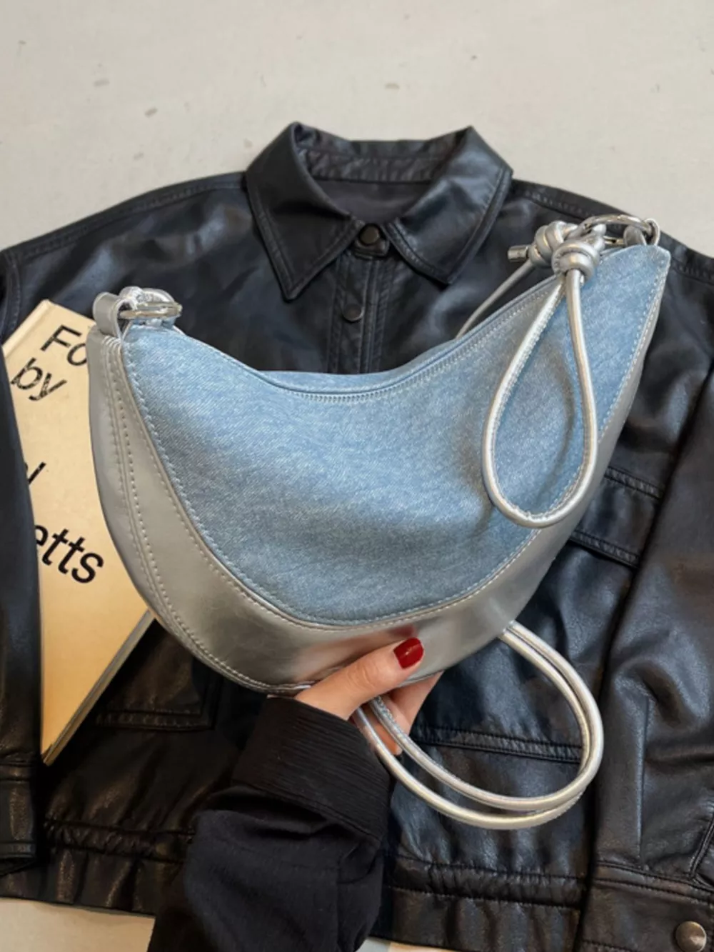 Denim Crescent Hobo Crossbody Bag, image 4