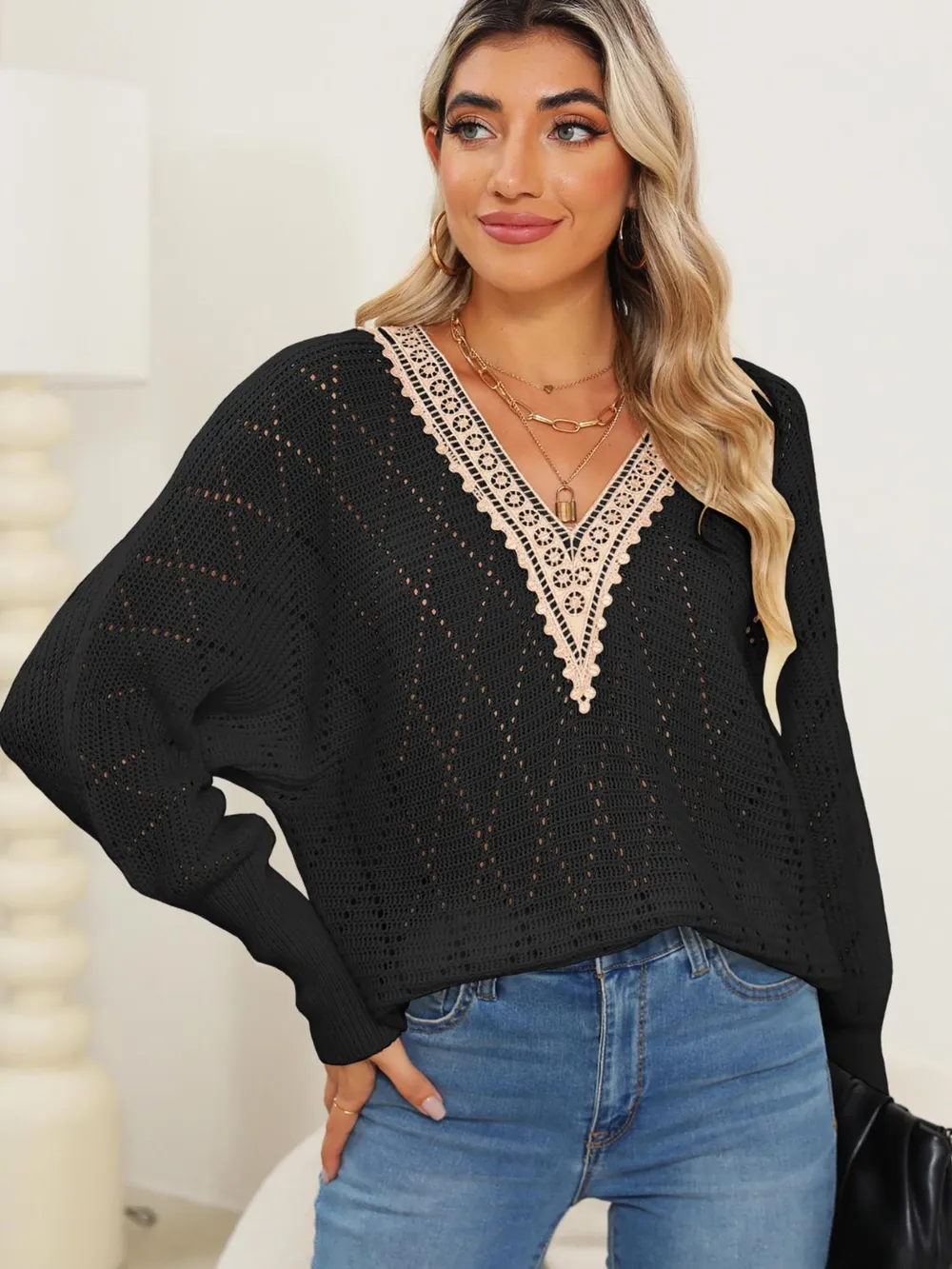 Lace Detail V-Neck Long Sleeve Sweater, image 6