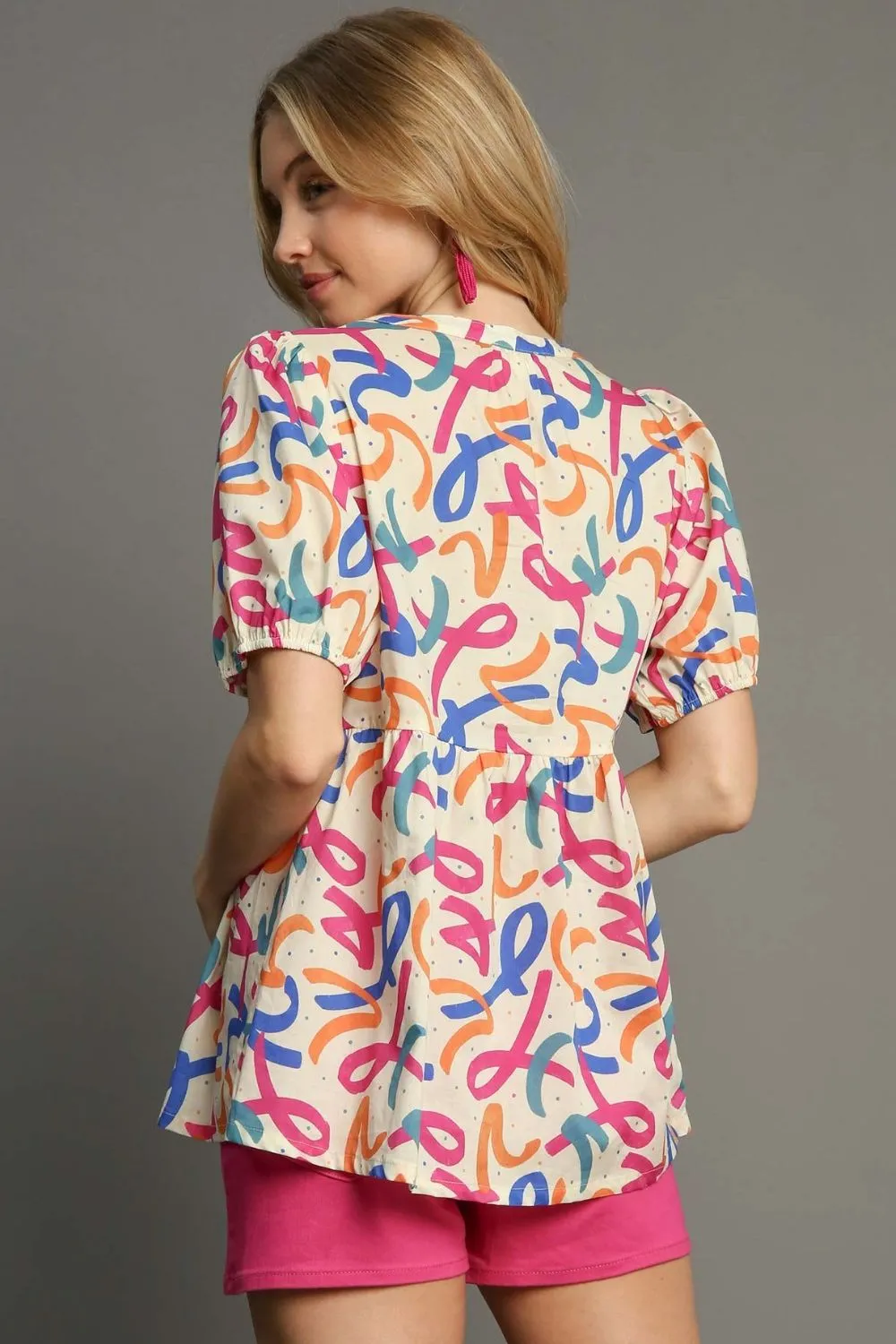 Full Size Mixed Print Puff Sleeve Babydoll Blouse Plus Size, image 3