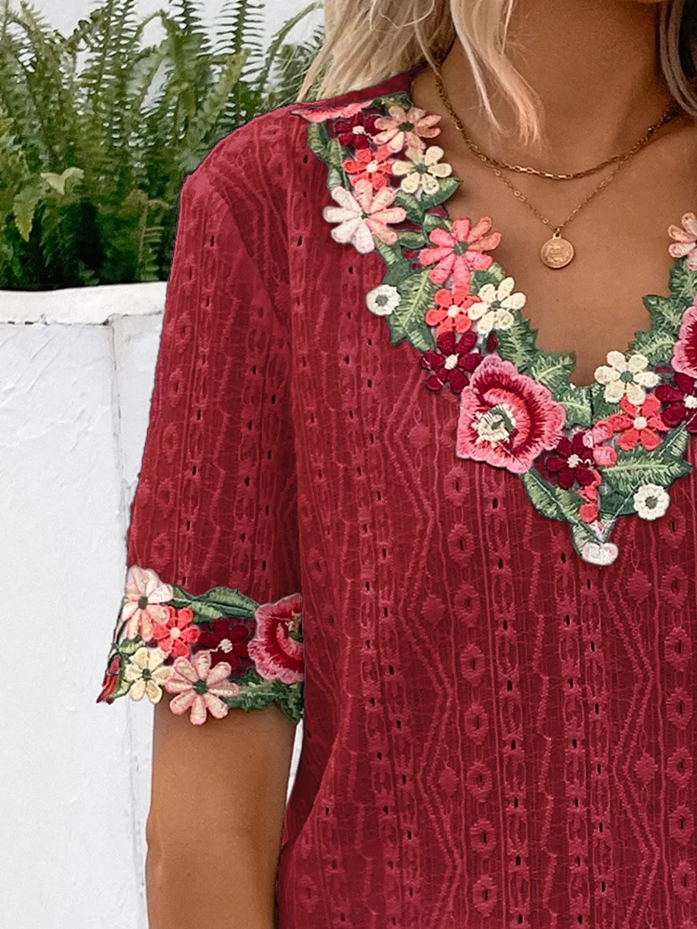 Eyelet Embroidered V-Neck Short Sleeve Blouse, image 7