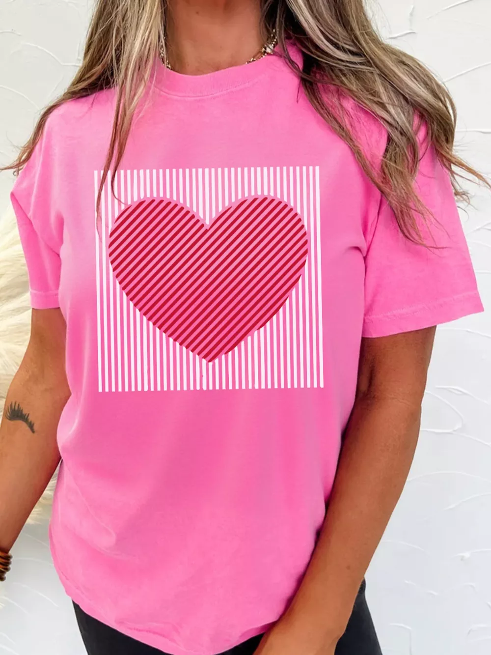 Contrast Striped Heart Printed Valentines Day T Shirt, image 2