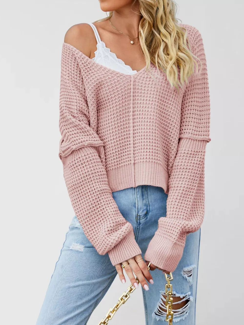 Waffle Knit Dropped Shoulder Sweater, image 8