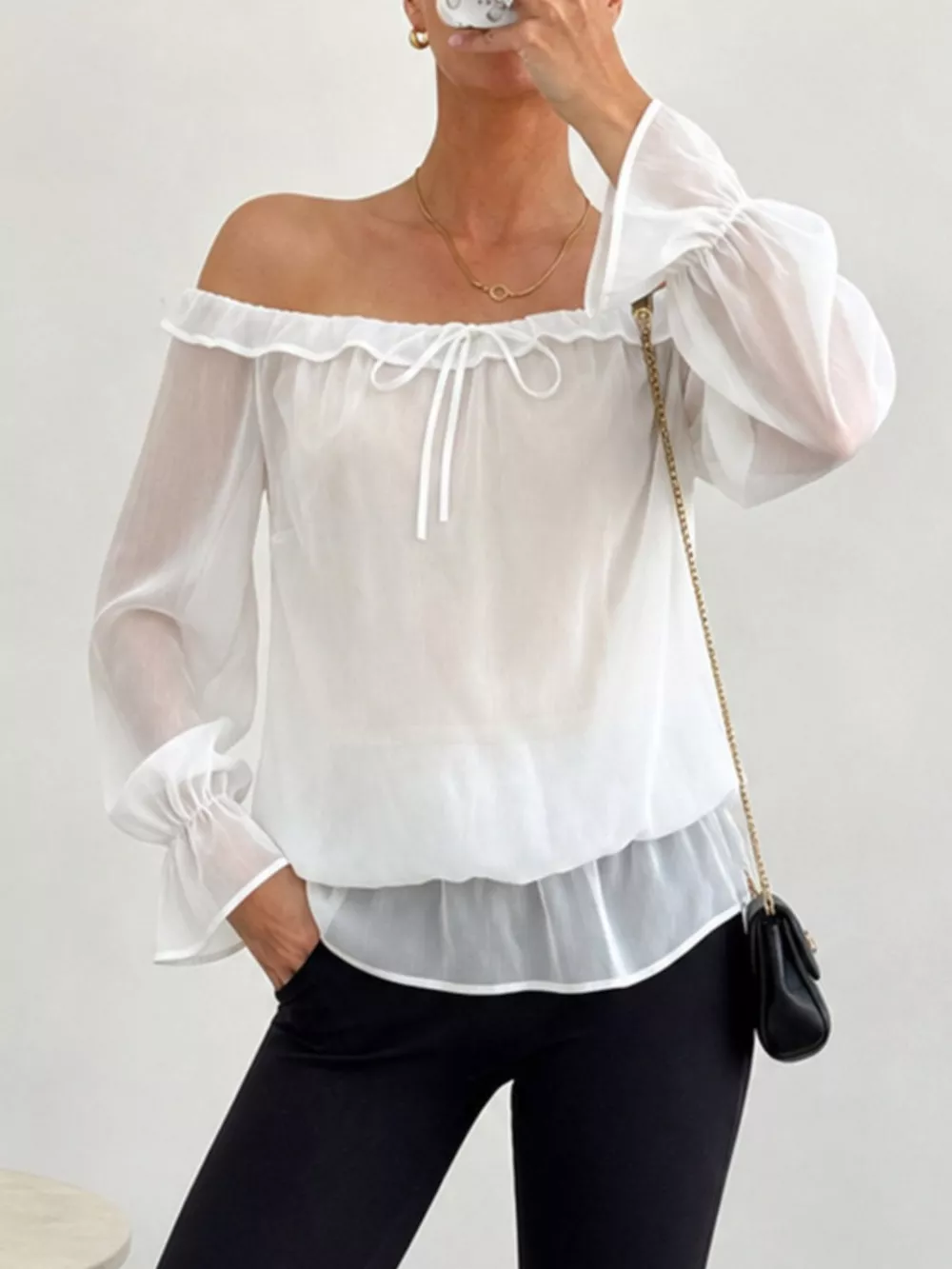 Off-Shoulder Flounce Sleeve Chiffon Blouse, image 9