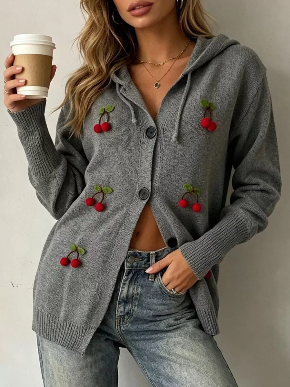 Full Size 3D Cherry Applique Hooded Cardigan Plus Size, image 6