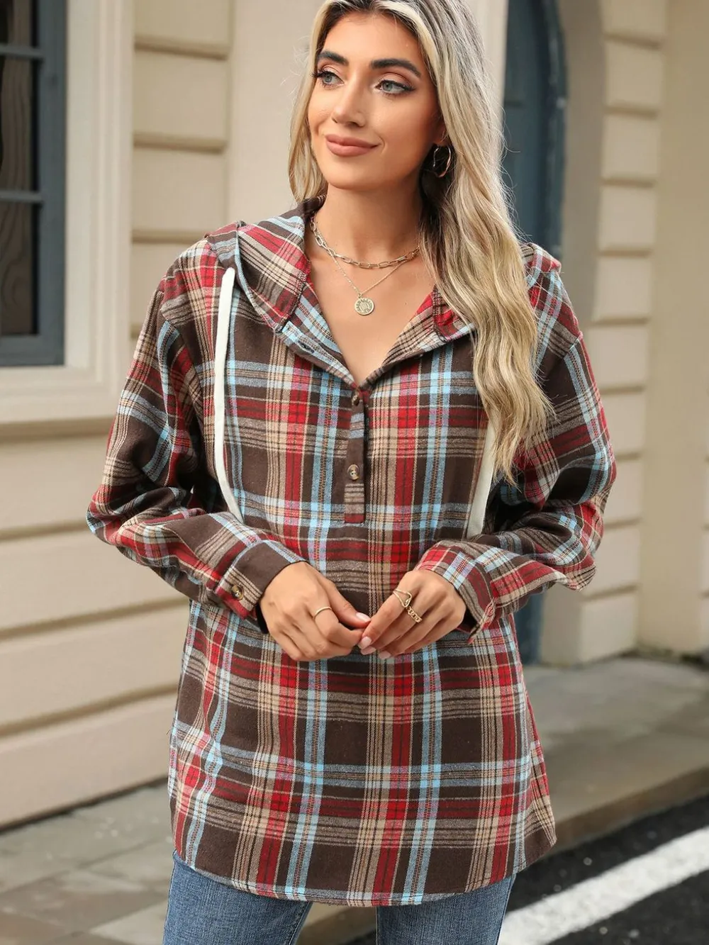Drawstring Plaid Hooded Long Sleeve Top, image 17