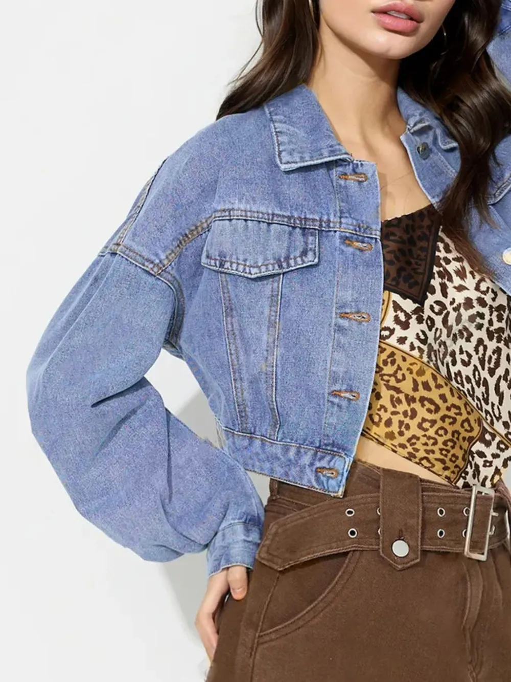 Collared Neck Dropped Shoulder Cropped Denim Top, image 5