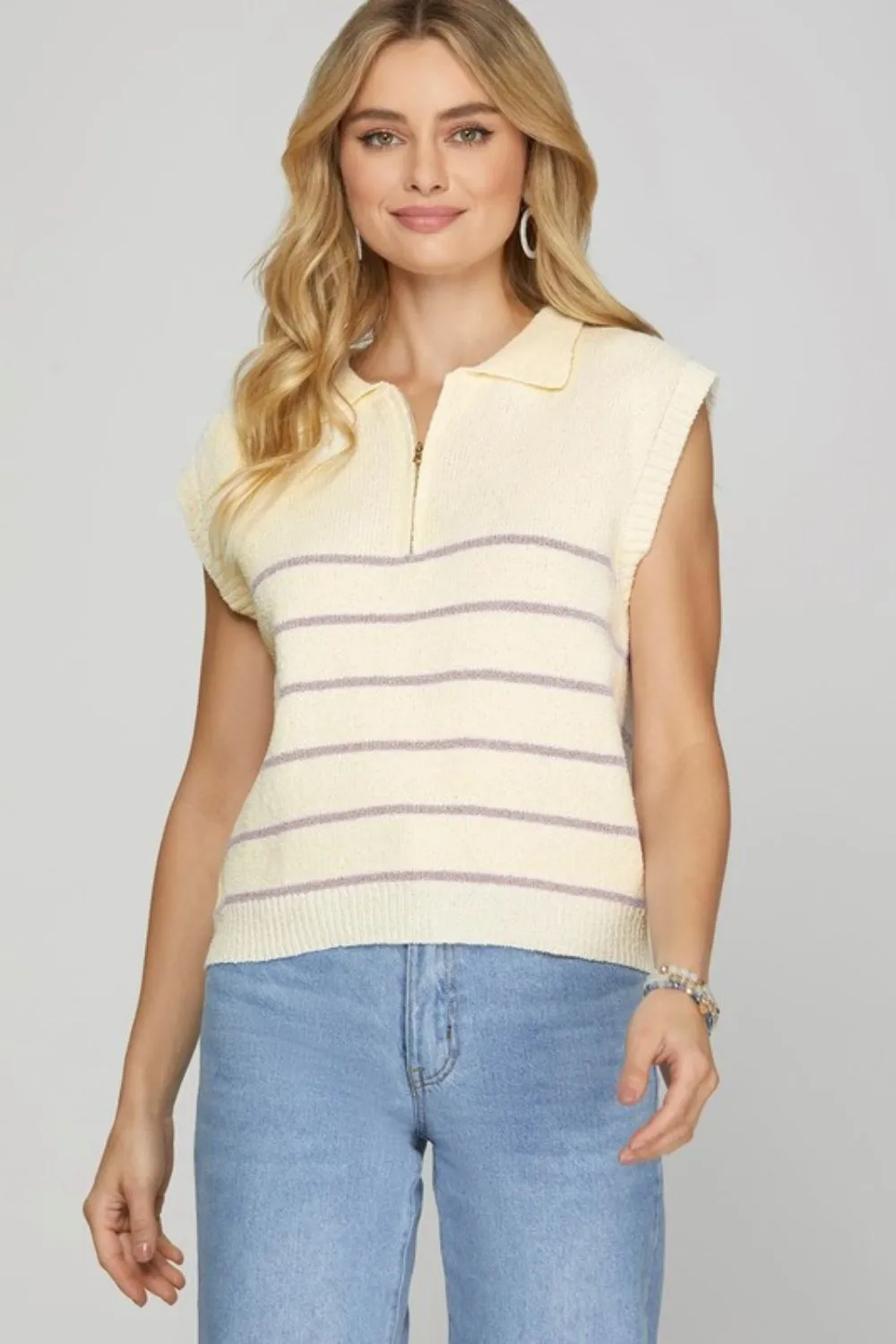 Ribbed Hem Striped Half Zip Sweater Vest, image 2