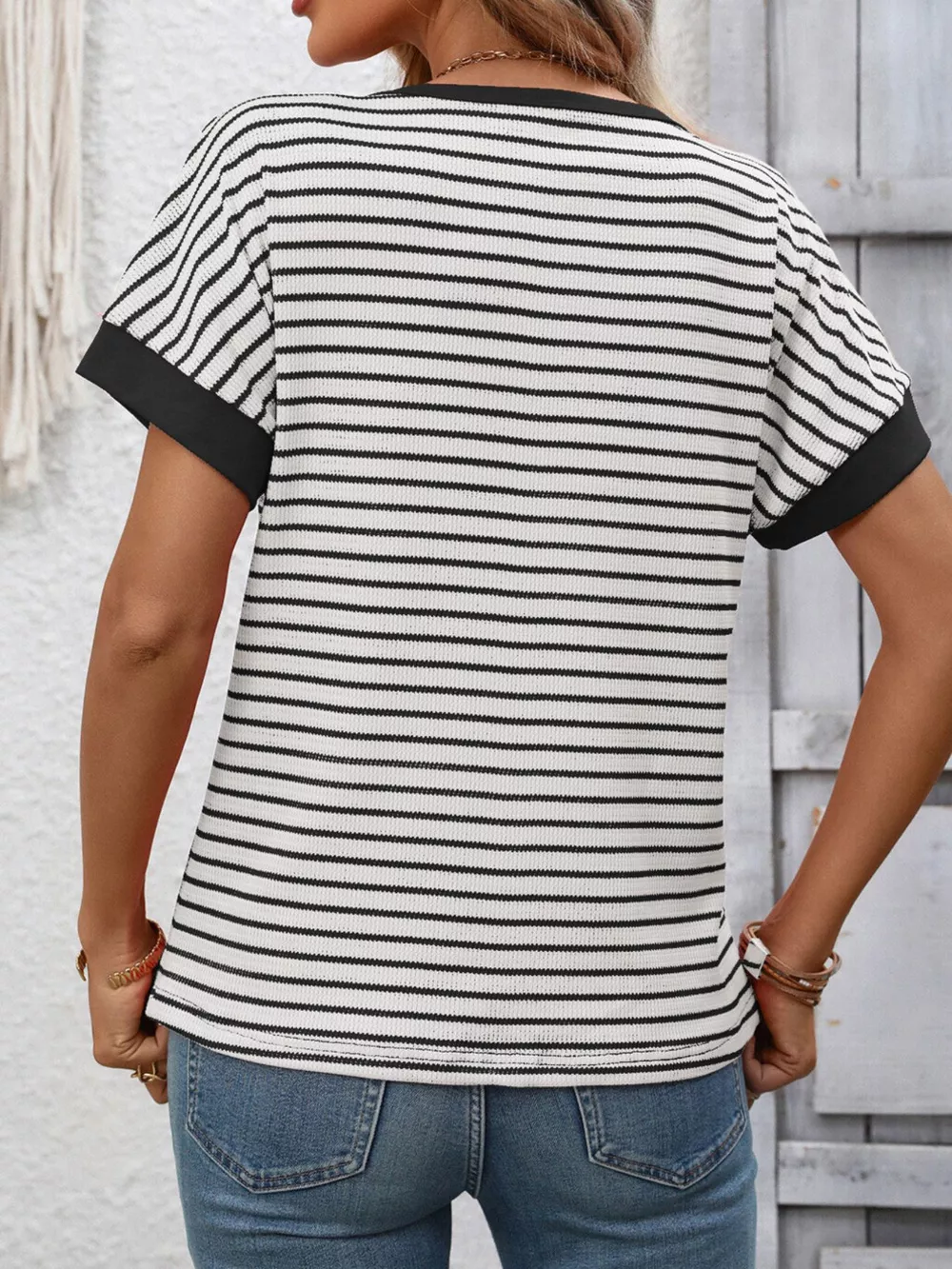 Striped Ribbed Knit Short Sleeve T-Shirt, image 3