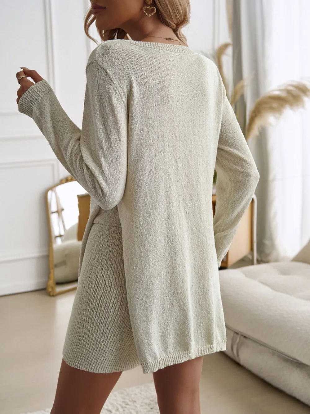 Slit Round Neck Top and Shorts Sweater Set, image 2