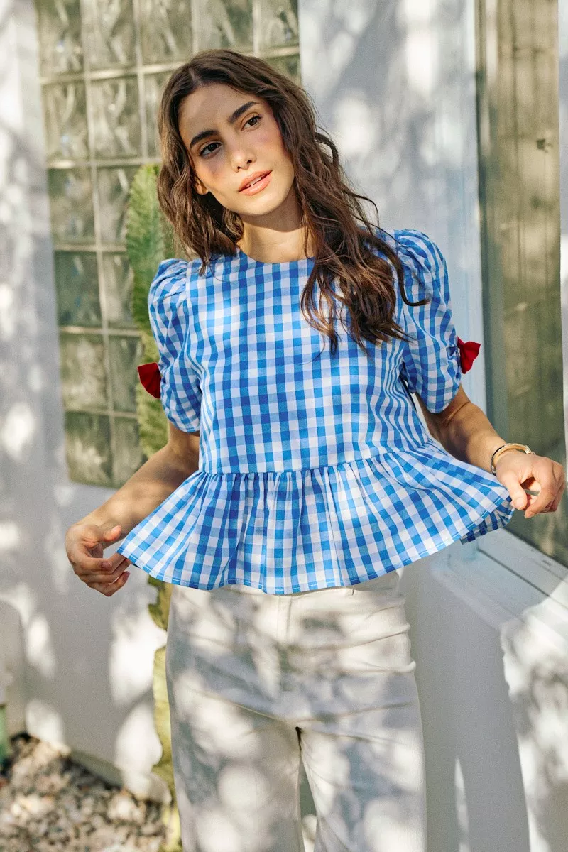4th Of July Gingham Ribbon Detail Short Sleeves Blouse, image 11