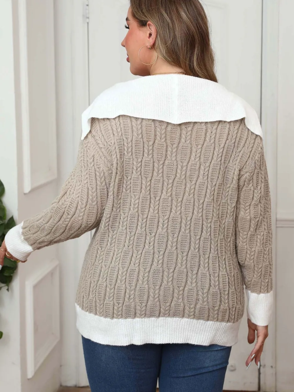 Plus Size Contrast Trim Collared Neck Sweater, image 2
