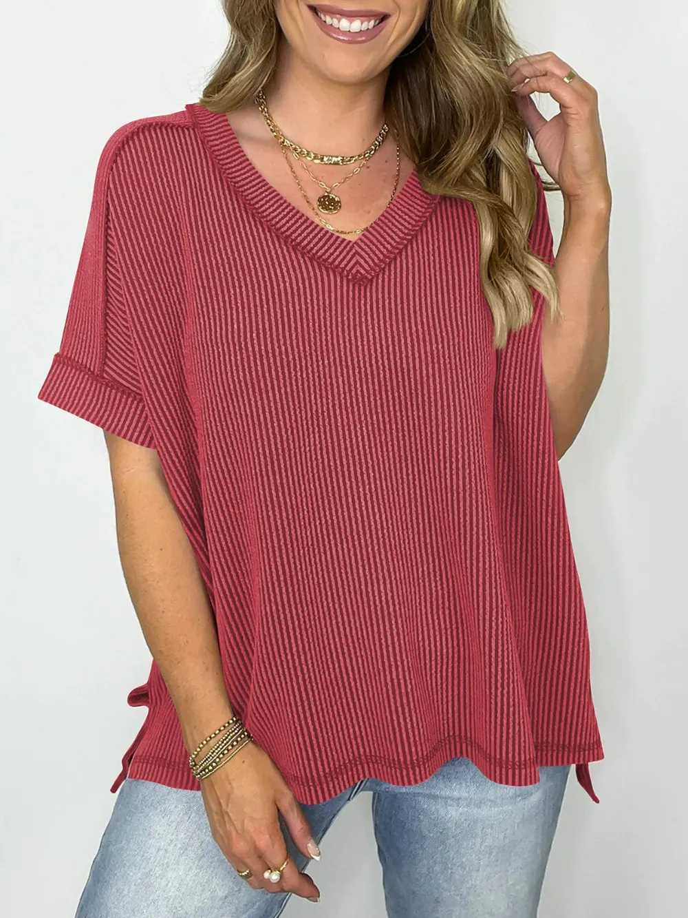 Cord Ribbed V-Neck Short Sleeve T-Shirt, image 10