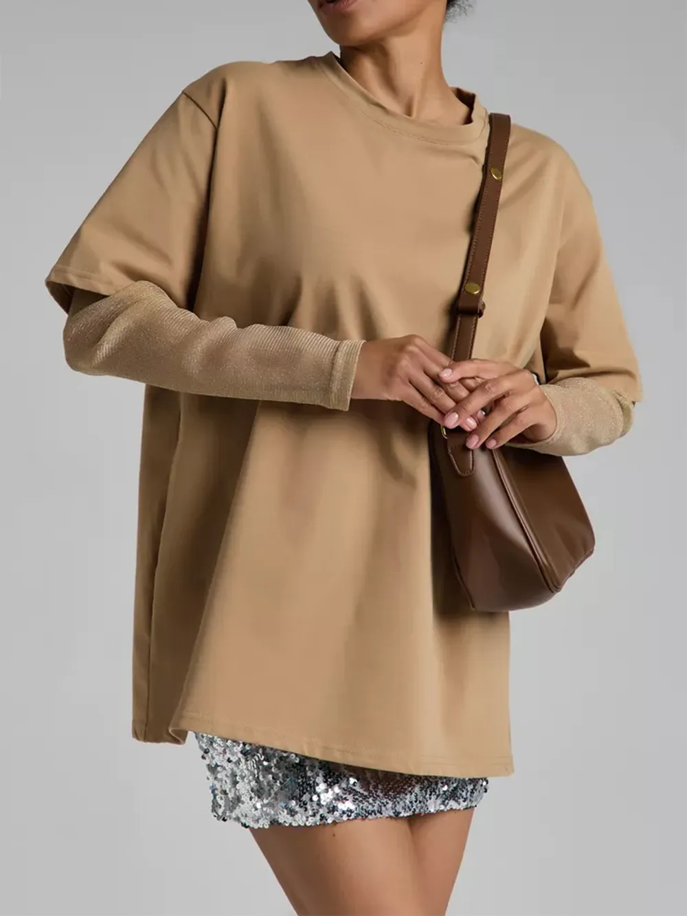 Faux Layered Round Neck Mesh Sleeve Top, image 12