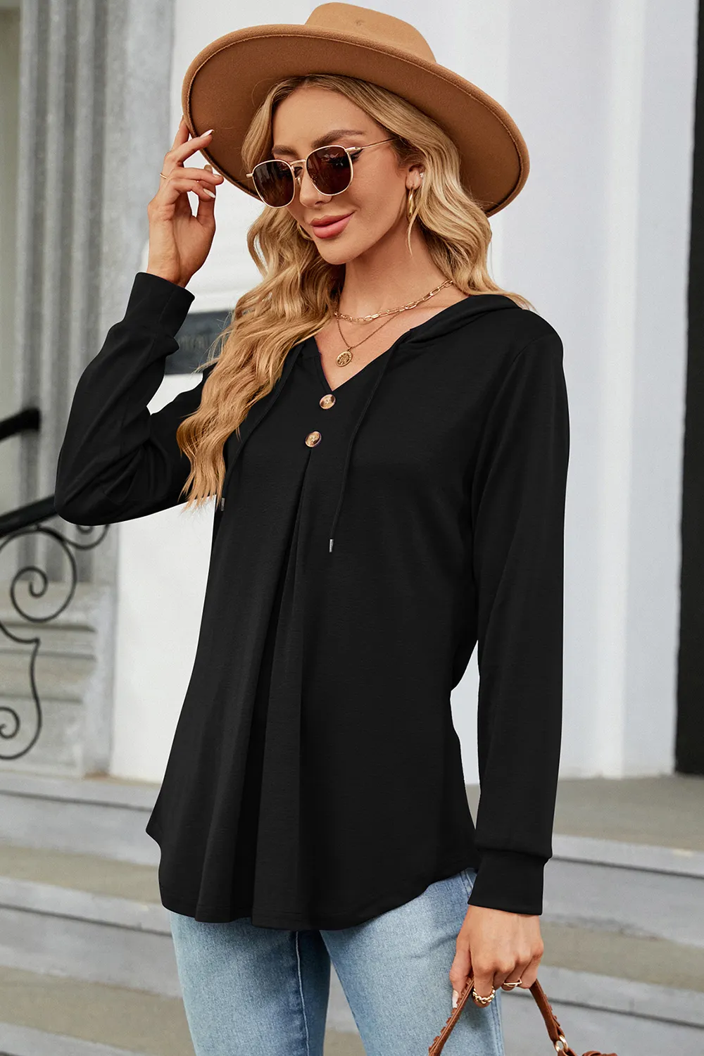 Decorative Button Drawstring Long Sleeve Hoodie, image 6