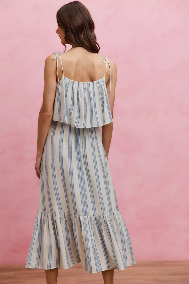 Stripe Tiered Shoulder Tie Midi Lined Dress, image 3