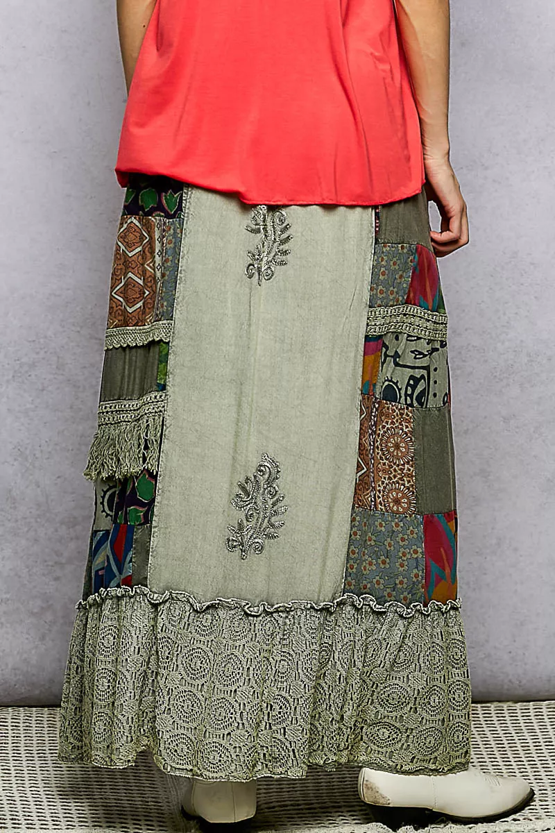 Printed Patchwork Embroidered Ruffled Skirt, image 3