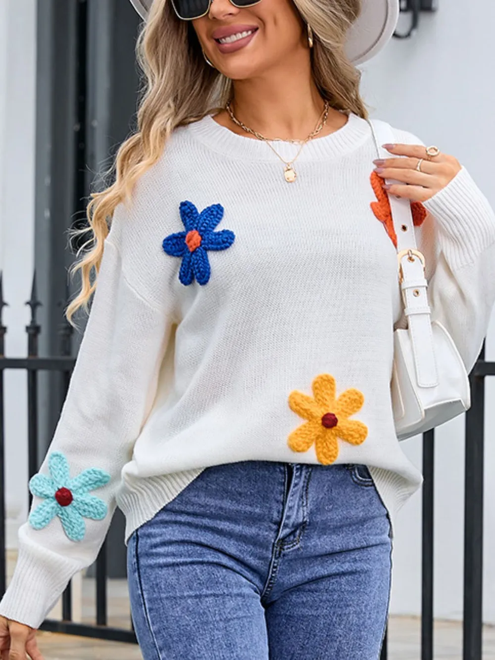 Crochet Flower Round Neck Sweater, image 2